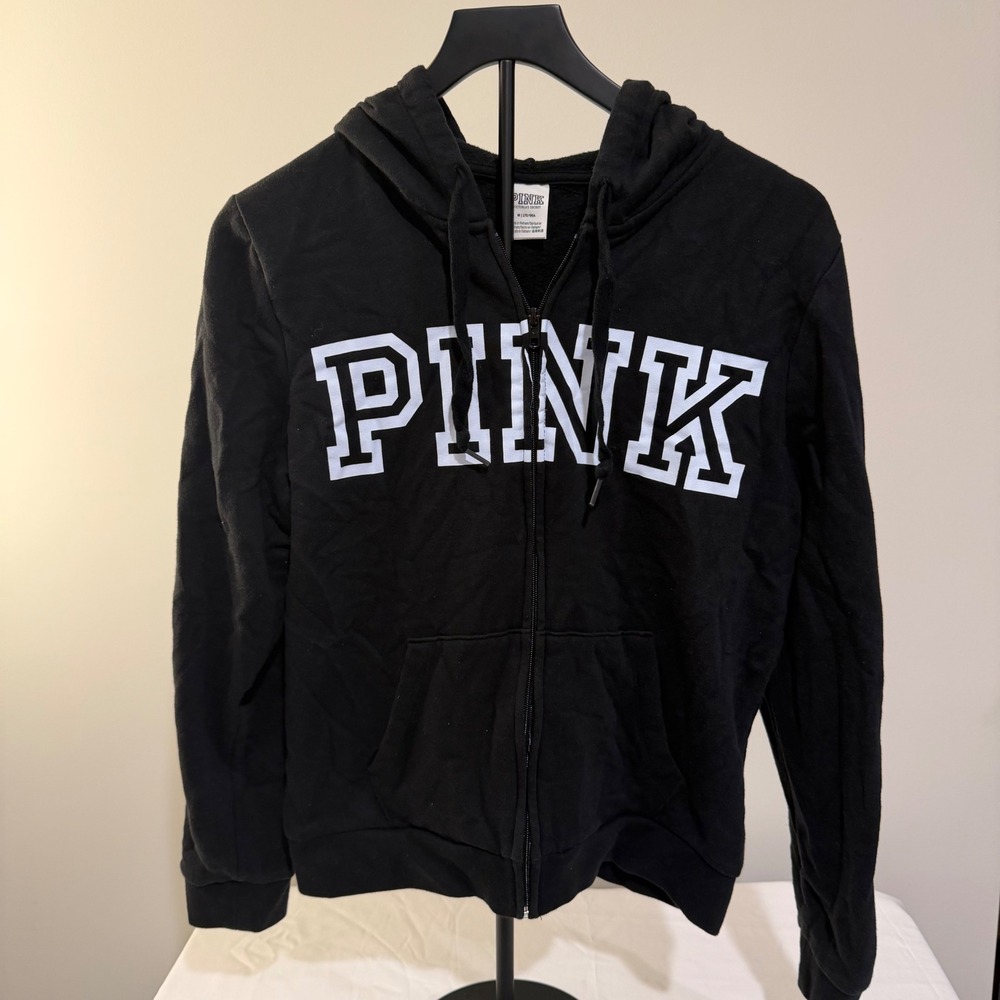 Victoria's Secret PINK Black Full Zip Hoodie Logo Graphic Sweatshirt Medium